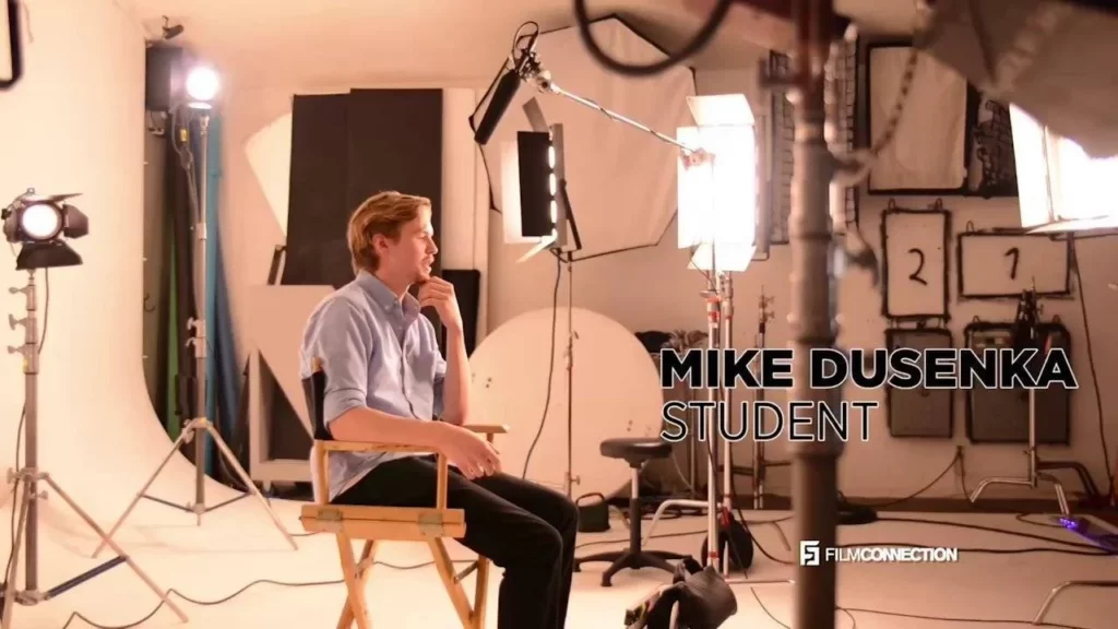 Film Connection Student Mike Dusenka talking on a film set
