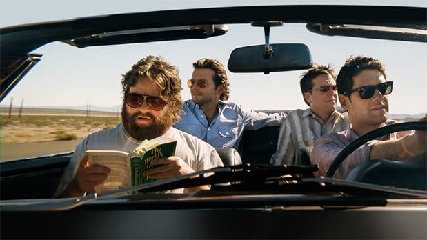 Cast from The Hangover Comedy Film riding in car