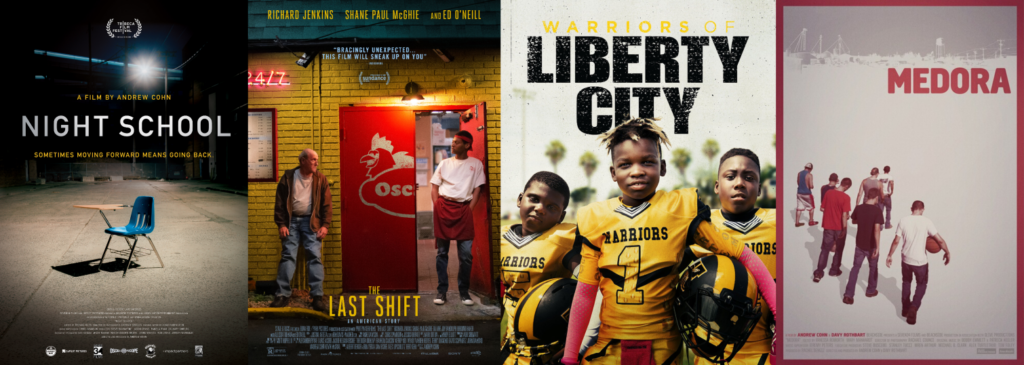 Four movie posters: Night School, The Last Shift, Warriors of Liberty City, and Medora.